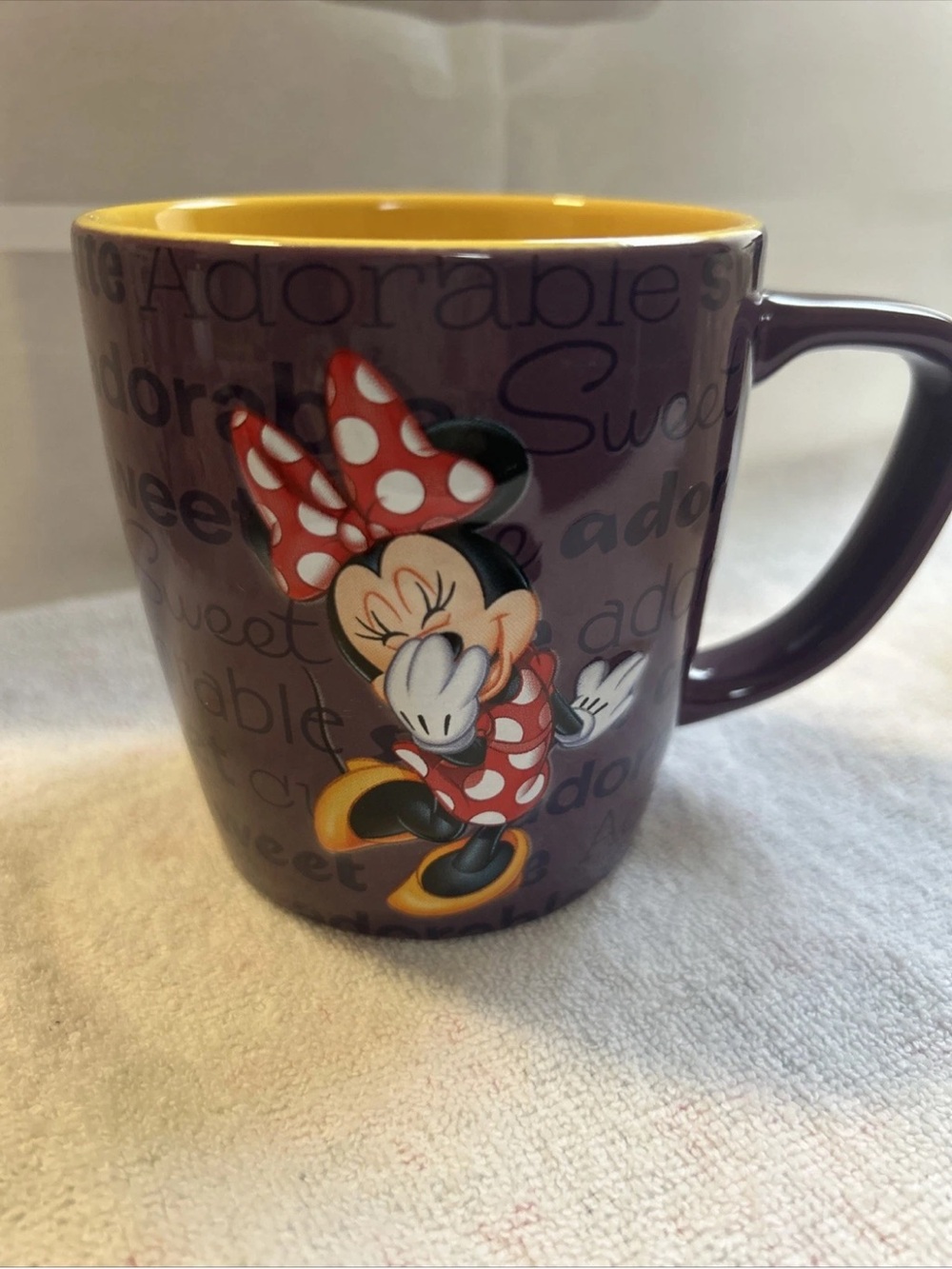 Disney Minnie Mouse Purple Mug with Yellow Interior and Red Bow Accents